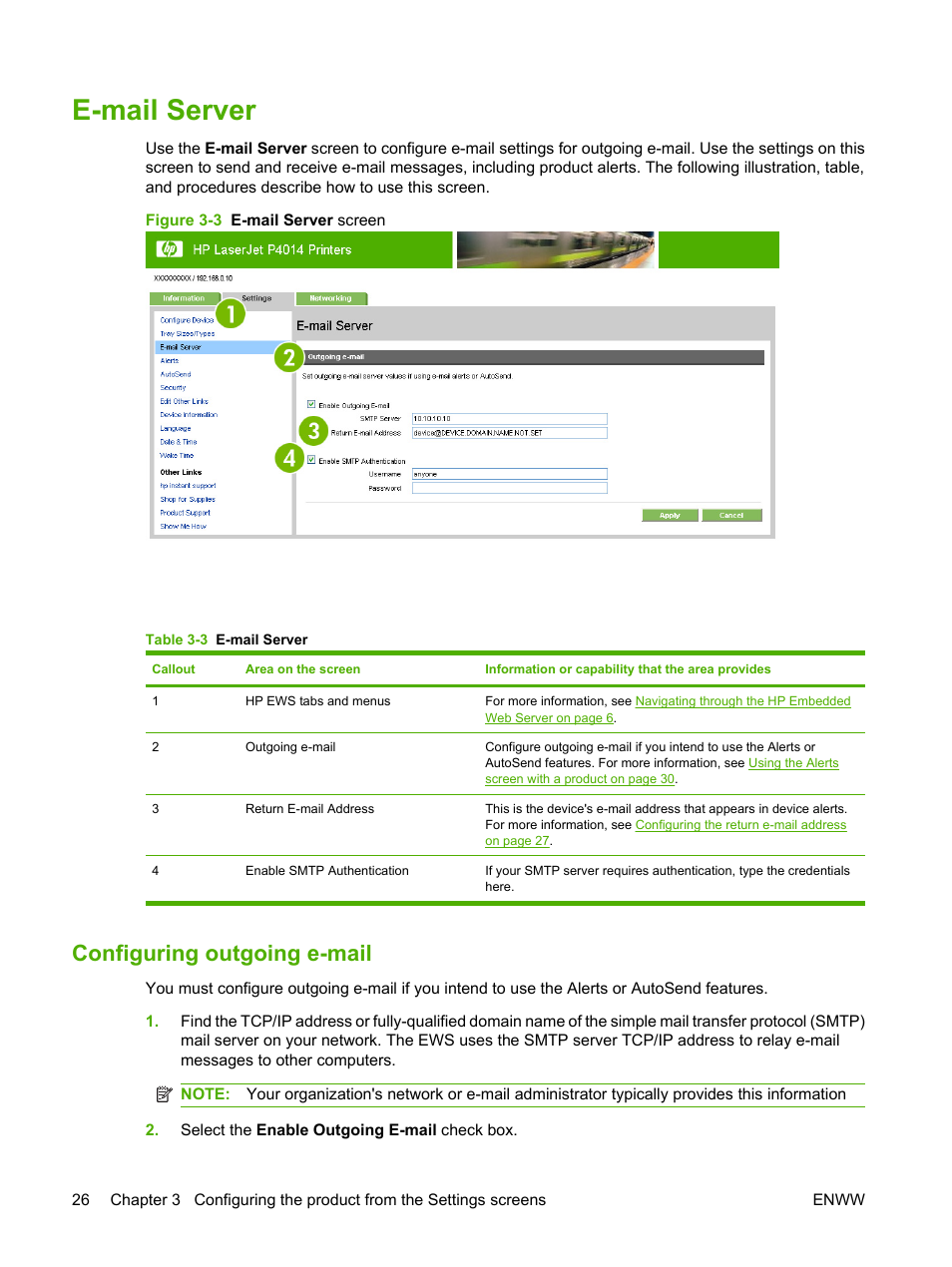 E-mail server, Configuring outgoing e-mail, Table 3-3 e-mail server | Figure 3-3 e-mail server screen | HP LaserJet P4014 Printer series User Manual | Page 36 / 72