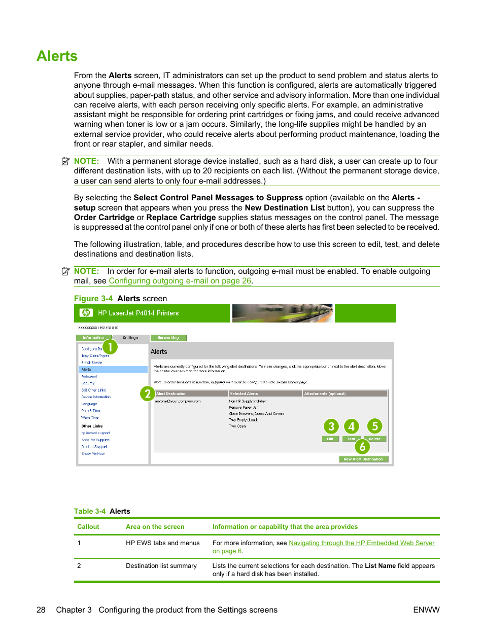 Alerts, Table 3-4 alerts, Figure 3-4 alerts screen | HP LaserJet P4014 Printer series User Manual | Page 38 / 72