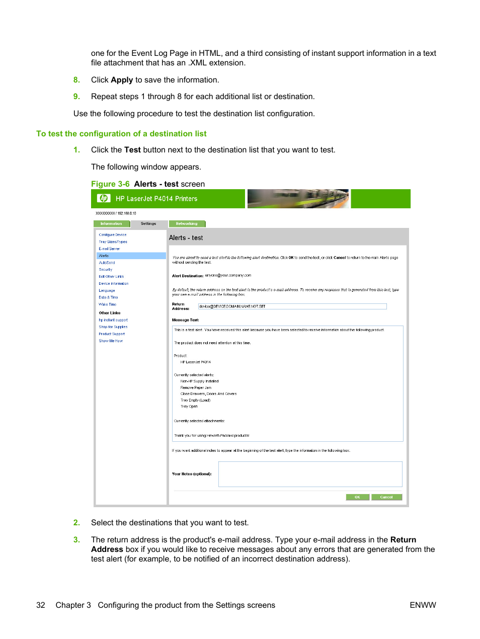 Figure 3-6 alerts - test screen | HP LaserJet P4014 Printer series User Manual | Page 42 / 72