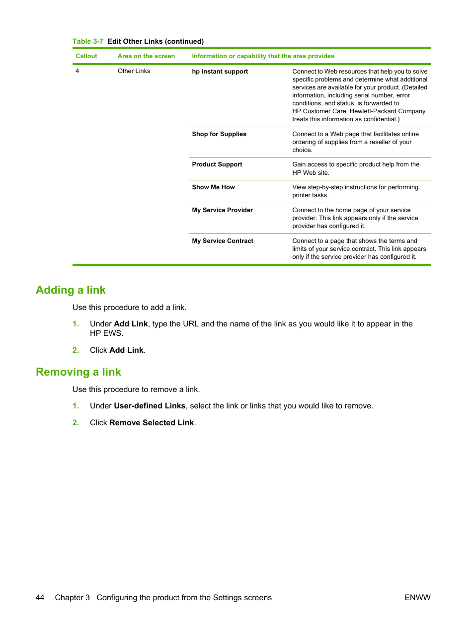 Adding a link, Removing a link, Adding a link removing a link | HP LaserJet P4014 Printer series User Manual | Page 54 / 72