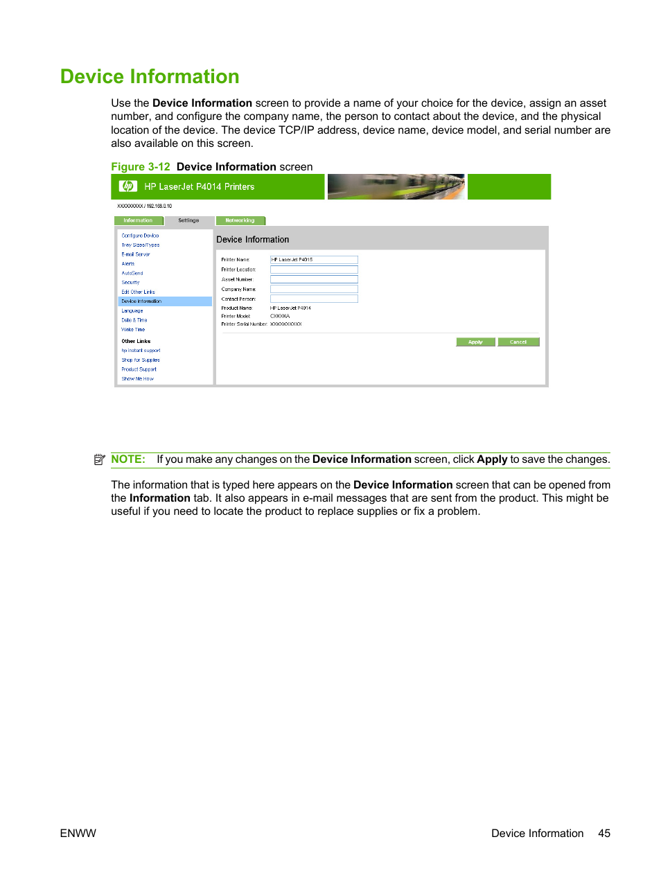 Device information, Figure 3-12 device information screen | HP LaserJet P4014 Printer series User Manual | Page 55 / 72