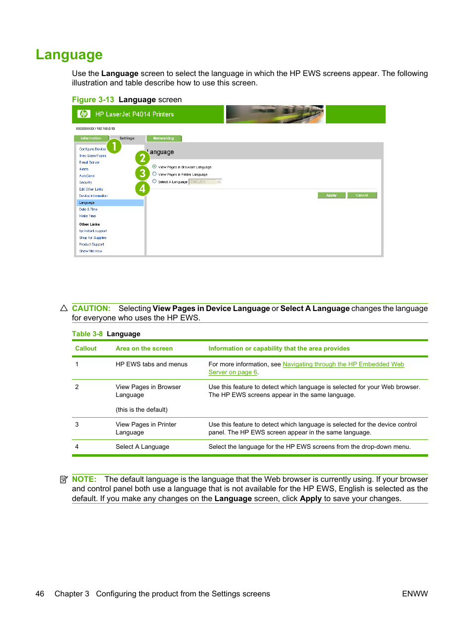 Language, Table 3-8 language, Figure 3-13 language screen | HP LaserJet P4014 Printer series User Manual | Page 56 / 72