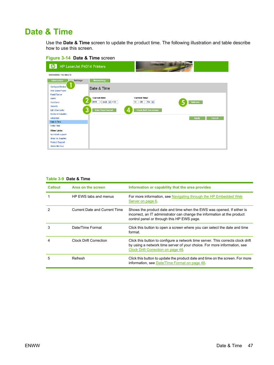 Date & time, Table 3-9 date & time, Figure 3-14 date & time screen | HP LaserJet P4014 Printer series User Manual | Page 57 / 72