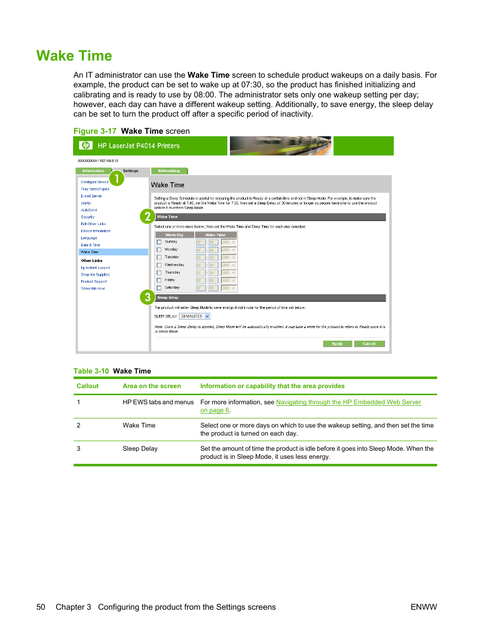 Wake time, Table 3-10 wake time, Figure 3-17 wake time screen | HP LaserJet P4014 Printer series User Manual | Page 60 / 72