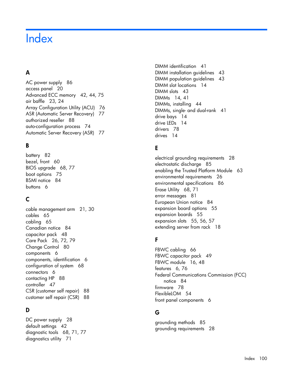 Index | HP ProLiant DL560 Gen8 Server User Manual | Page 100 / 102