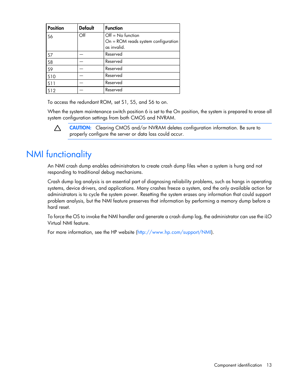 Nmi functionality | HP ProLiant DL560 Gen8 Server User Manual | Page 13 / 102