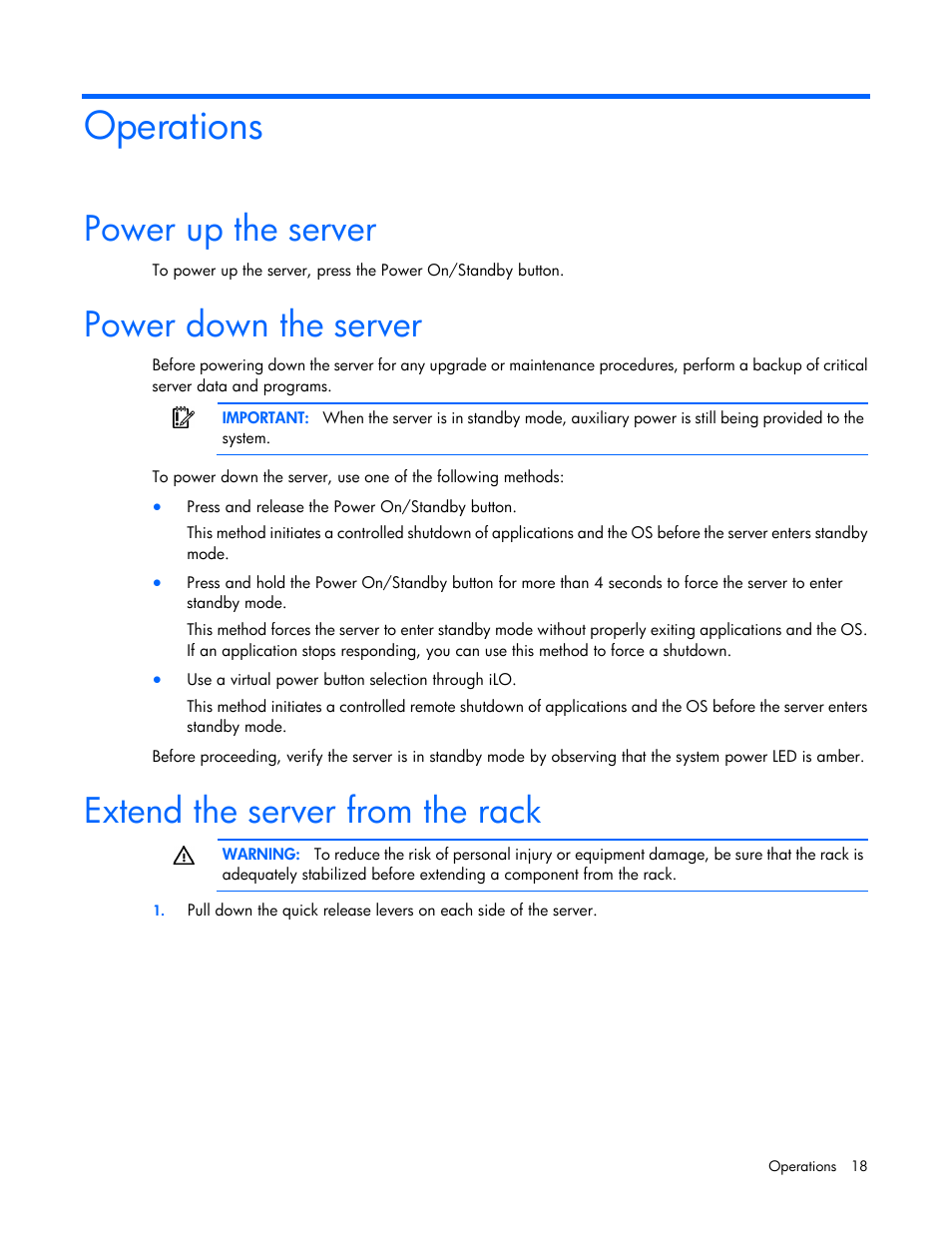 Operations, Power up the server, Power down the server | Extend the server from the rack | HP ProLiant DL560 Gen8 Server User Manual | Page 18 / 102