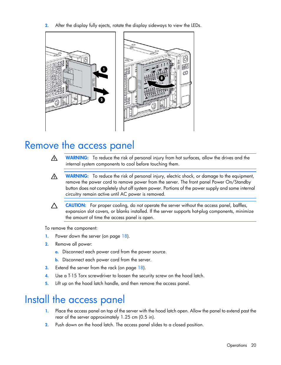 Remove the access panel, Install the access panel | HP ProLiant DL560 Gen8 Server User Manual | Page 20 / 102