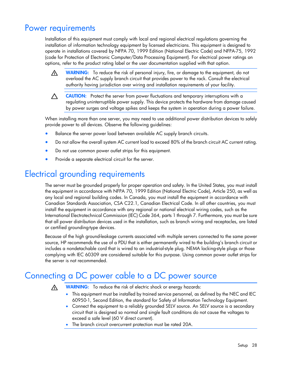 Power requirements, Electrical grounding requirements, Connecting a dc power cable to a dc power source | HP ProLiant DL560 Gen8 Server User Manual | Page 28 / 102