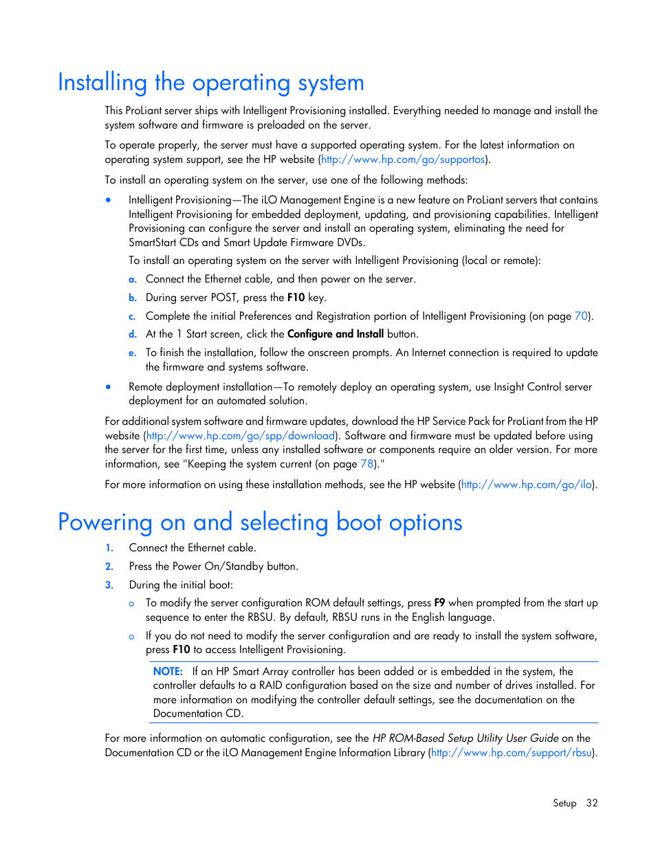 Installing the operating system, Powering on and selecting boot options | HP ProLiant DL560 Gen8 Server User Manual | Page 32 / 102