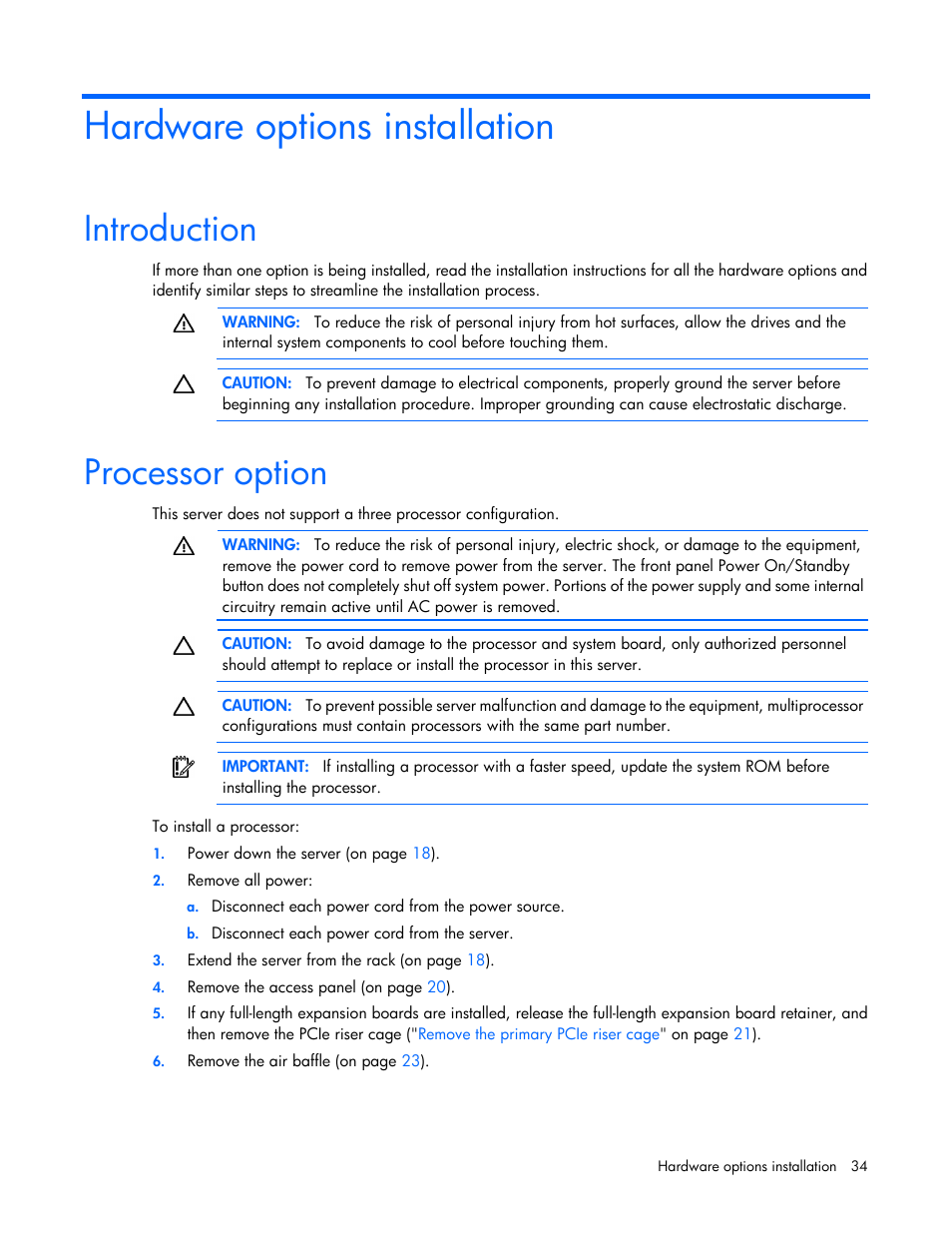 Hardware options installation, Introduction, Processor option | HP ProLiant DL560 Gen8 Server User Manual | Page 34 / 102