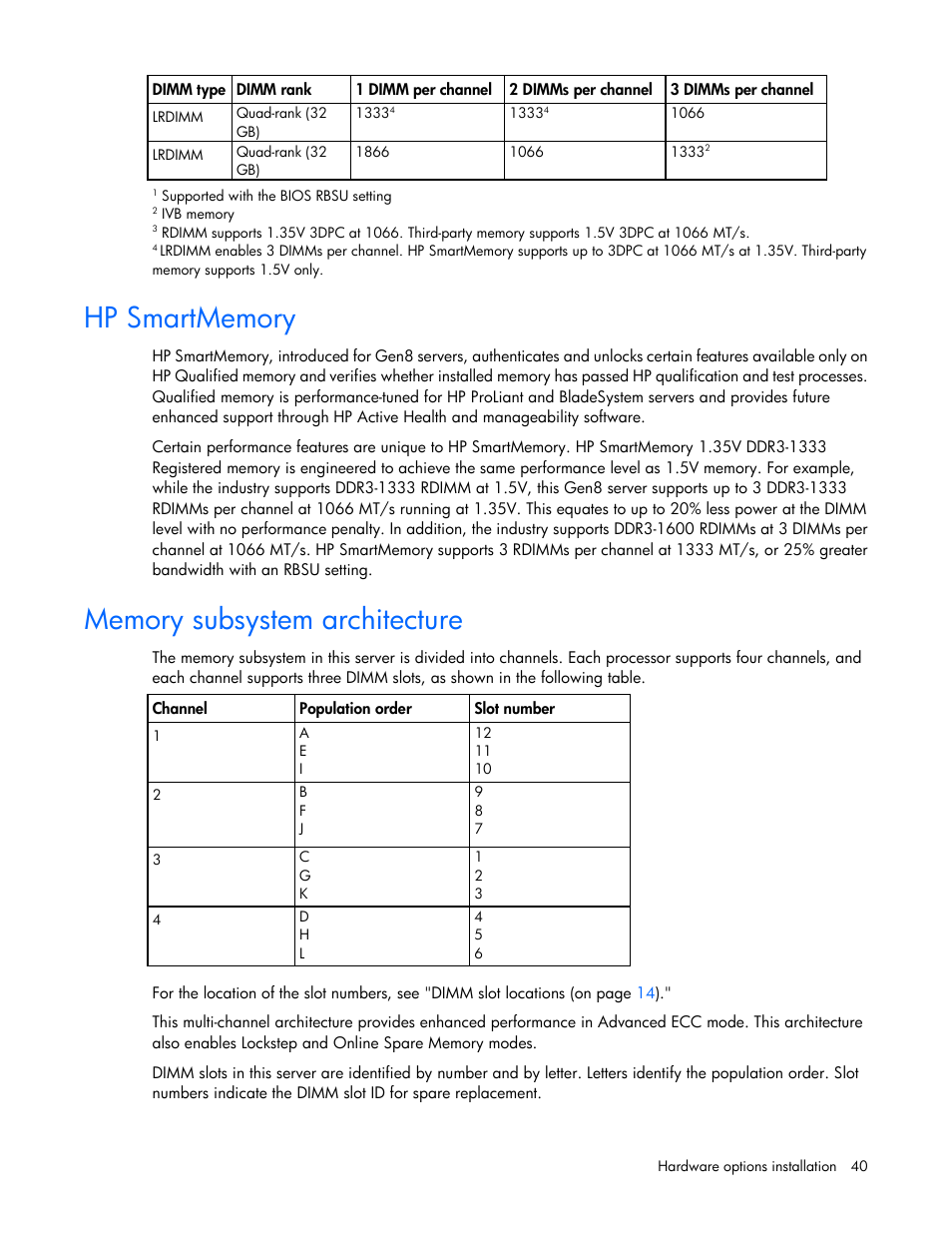 Hp smartmemory, Memory subsystem architecture | HP ProLiant DL560 Gen8 Server User Manual | Page 40 / 102