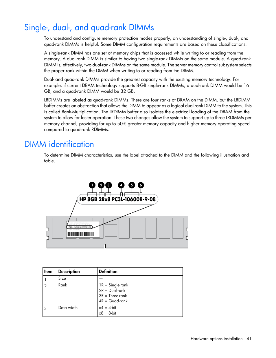 Single-, dual-, and quad-rank dimms, Dimm identification | HP ProLiant DL560 Gen8 Server User Manual | Page 41 / 102