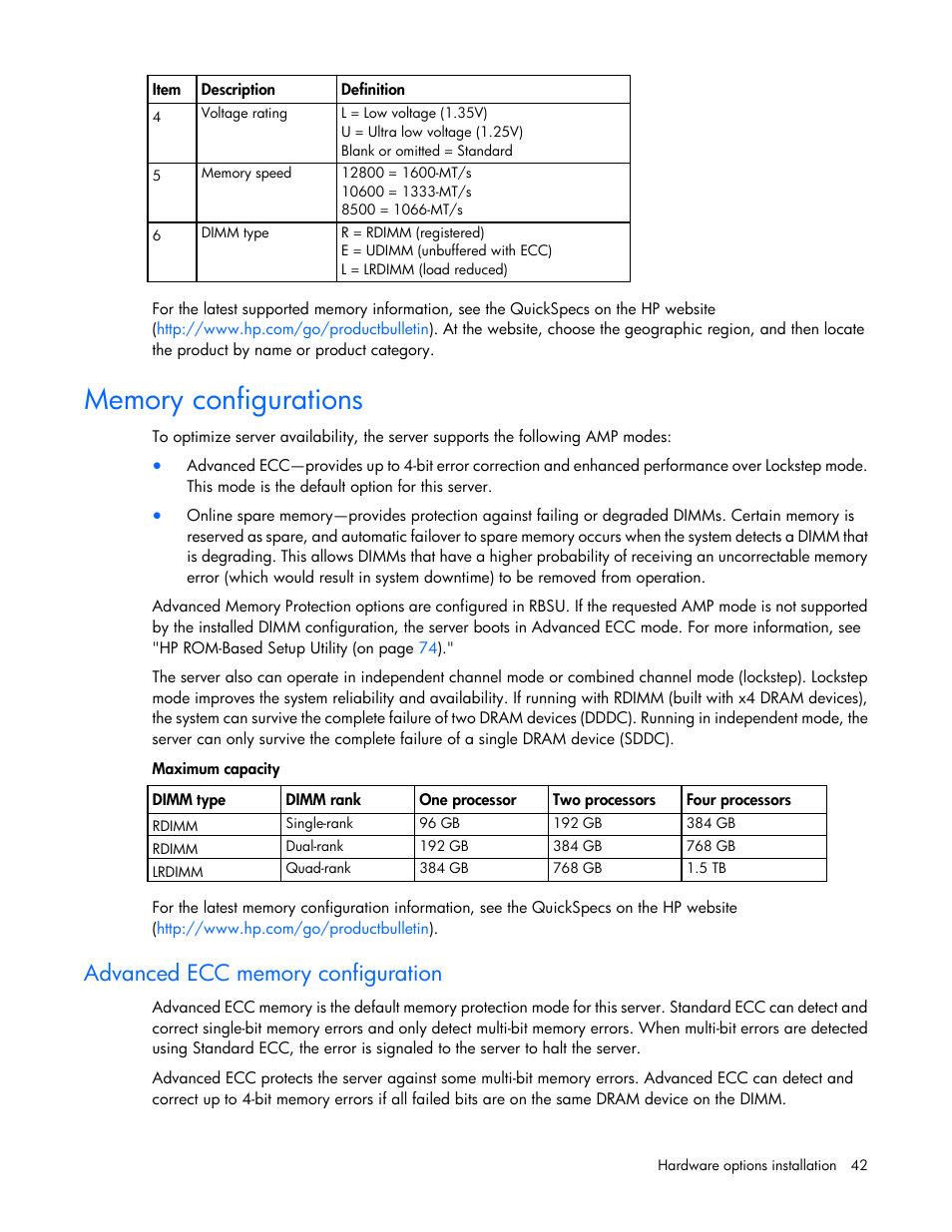 Memory configurations, Advanced ecc memory configuration | HP ProLiant DL560 Gen8 Server User Manual | Page 42 / 102