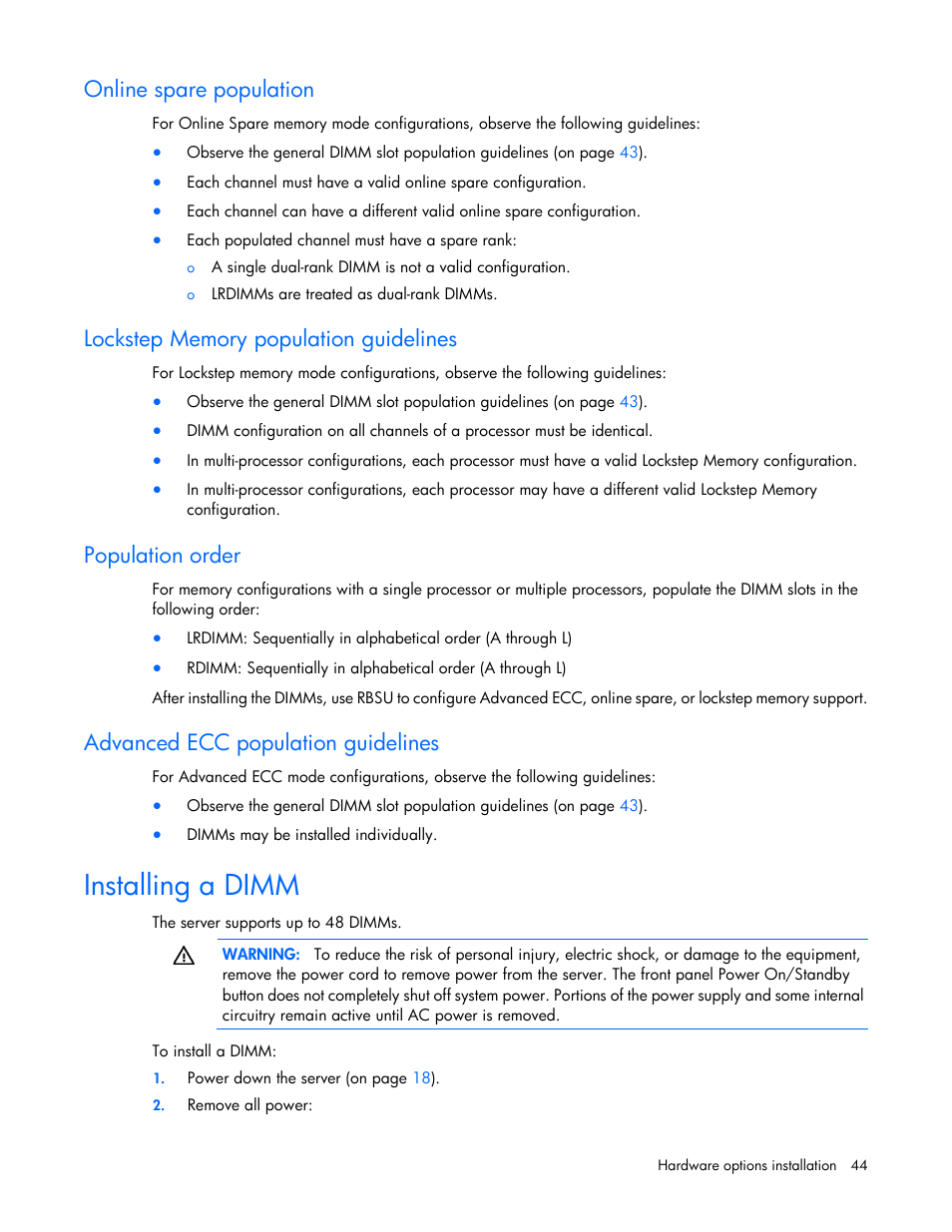 Online spare population, Lockstep memory population guidelines, Population order | Advanced ecc population guidelines, Installing a dimm | HP ProLiant DL560 Gen8 Server User Manual | Page 44 / 102