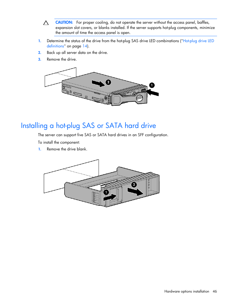 Installing a hot-plug sas or sata hard drive | HP ProLiant DL560 Gen8 Server User Manual | Page 46 / 102