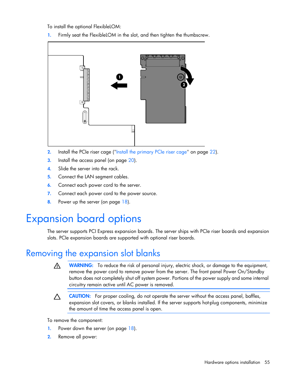 Expansion board options, Removing the expansion slot blanks | HP ProLiant DL560 Gen8 Server User Manual | Page 55 / 102