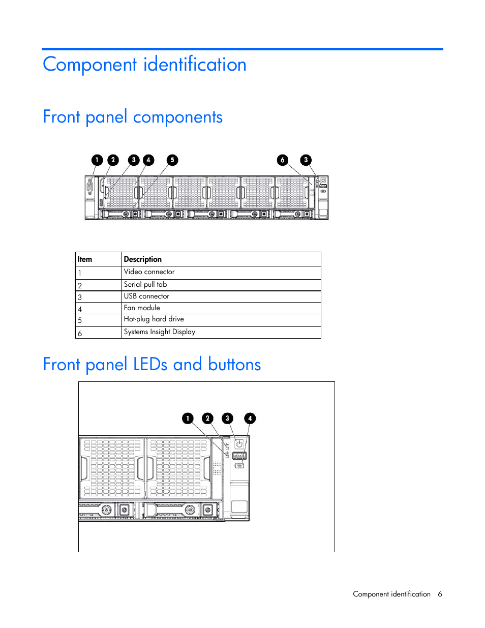 Component identification, Front panel components, Front panel leds and buttons | HP ProLiant DL560 Gen8 Server User Manual | Page 6 / 102
