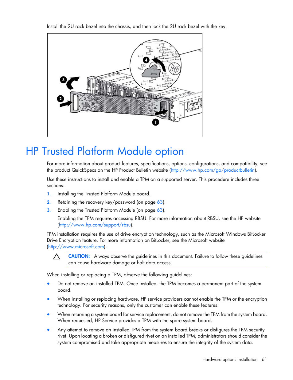 Hp trusted platform module option | HP ProLiant DL560 Gen8 Server User Manual | Page 61 / 102
