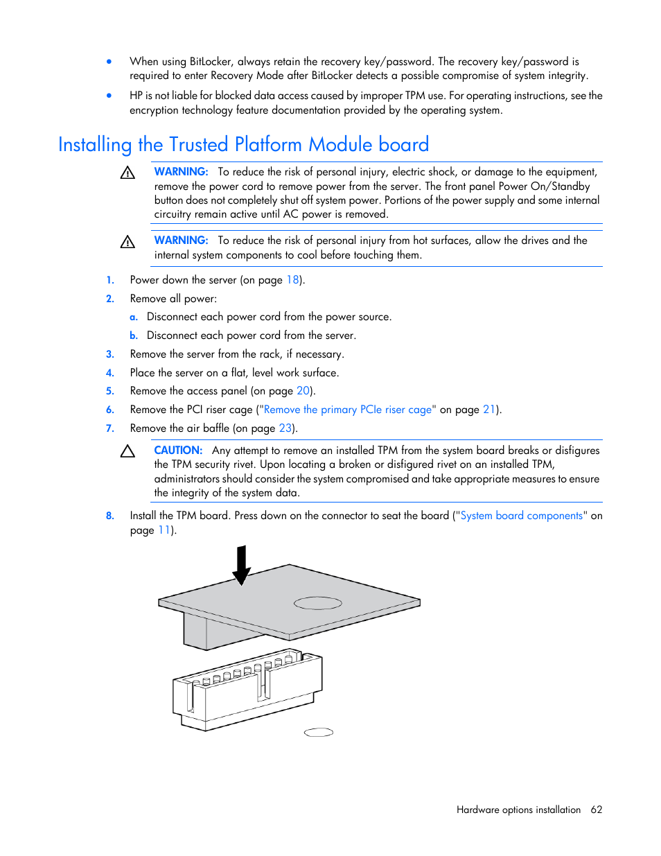 Installing the trusted platform module board | HP ProLiant DL560 Gen8 Server User Manual | Page 62 / 102