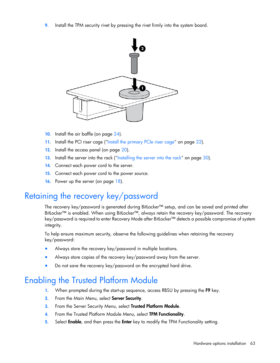 Retaining the recovery key/password, Enabling the trusted platform module | HP ProLiant DL560 Gen8 Server User Manual | Page 63 / 102