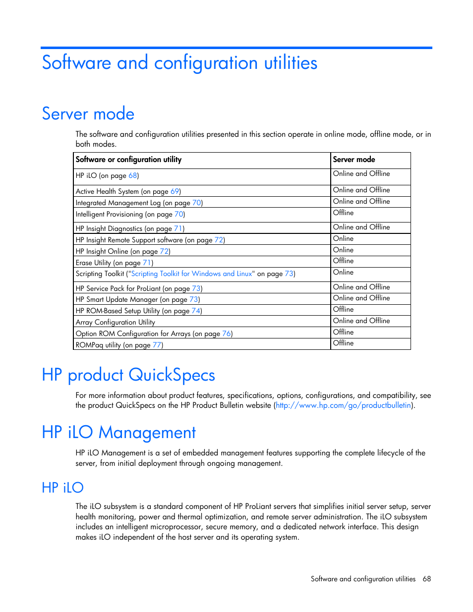 Software and configuration utilities, Server mode, Hp product quickspecs | Hp ilo management, Hp ilo | HP ProLiant DL560 Gen8 Server User Manual | Page 68 / 102