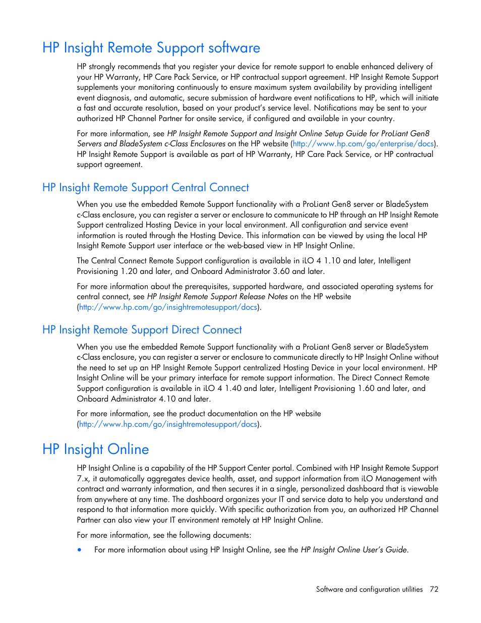 Hp insight remote support software, Hp insight remote support central connect, Hp insight remote support direct connect | Hp insight online | HP ProLiant DL560 Gen8 Server User Manual | Page 72 / 102