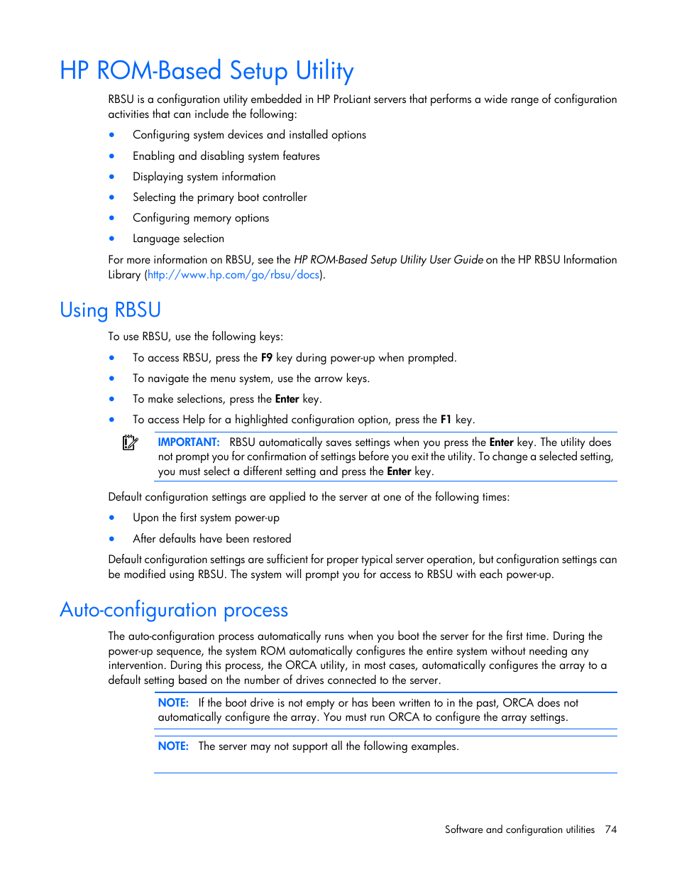 Hp rom-based setup utility, Using rbsu, Auto-configuration process | HP ProLiant DL560 Gen8 Server User Manual | Page 74 / 102