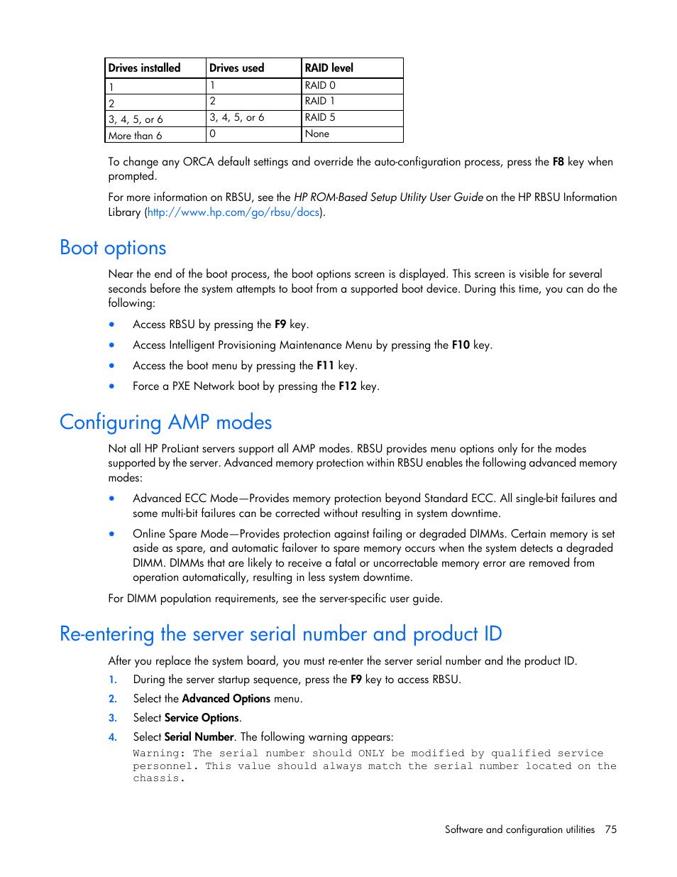 Boot options, Configuring amp modes | HP ProLiant DL560 Gen8 Server User Manual | Page 75 / 102