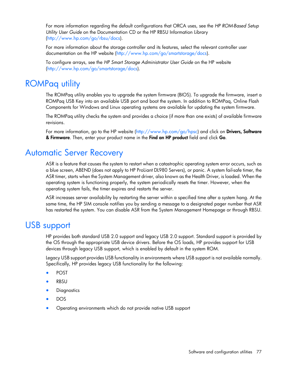 Rompaq utility, Automatic server recovery, Usb support | HP ProLiant DL560 Gen8 Server User Manual | Page 77 / 102