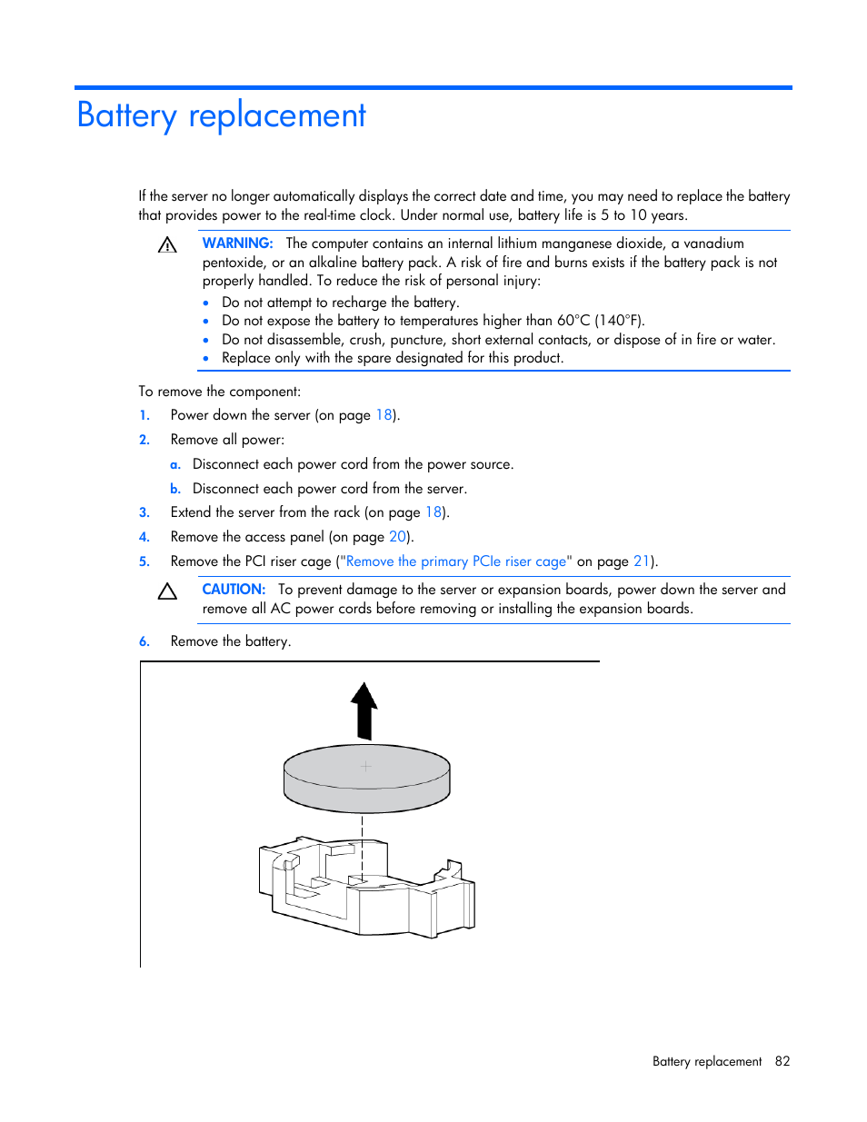Battery replacement | HP ProLiant DL560 Gen8 Server User Manual | Page 82 / 102