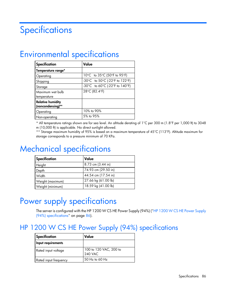 Specifications, Environmental specifications, Mechanical specifications | Power supply specifications, Hp 1200 w cs he power supply (94%) specifications | HP ProLiant DL560 Gen8 Server User Manual | Page 86 / 102