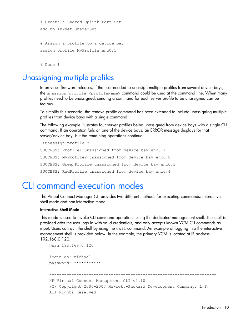 Unassigning multiple profiles, Cli command execution modes | HP Virtual Connect 8Gb 24-port Fibre Channel Module for c-Class BladeSystem User Manual | Page 10 / 93