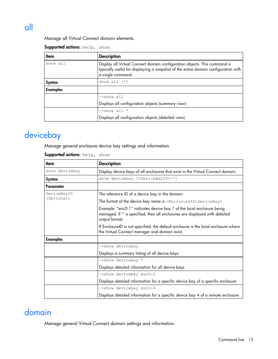Devicebay, Domain | HP Virtual Connect 8Gb 24-port Fibre Channel Module for c-Class BladeSystem User Manual | Page 15 / 93