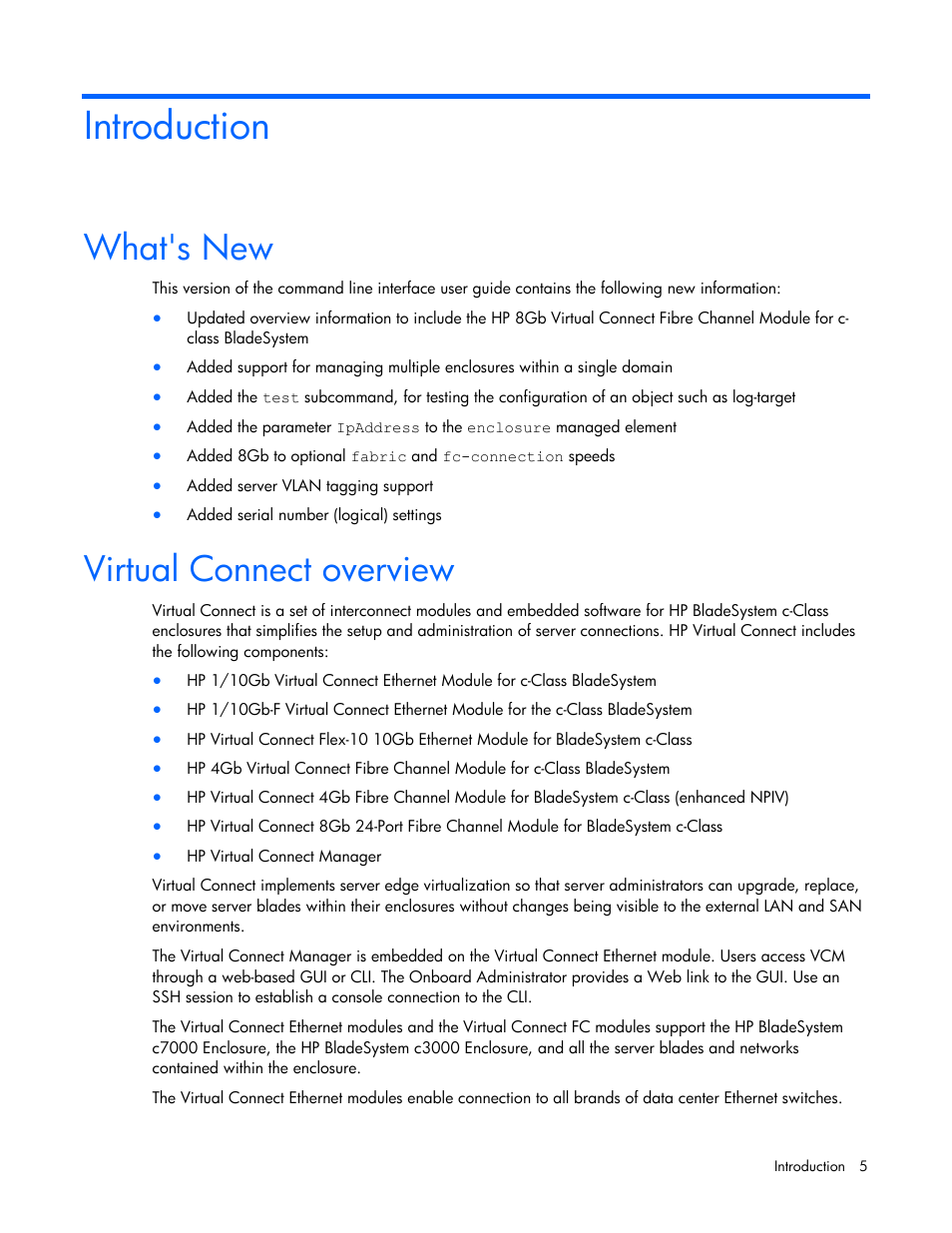 Introduction, What's new, Virtual connect overview | HP Virtual Connect 8Gb 24-port Fibre Channel Module for c-Class BladeSystem User Manual | Page 5 / 93