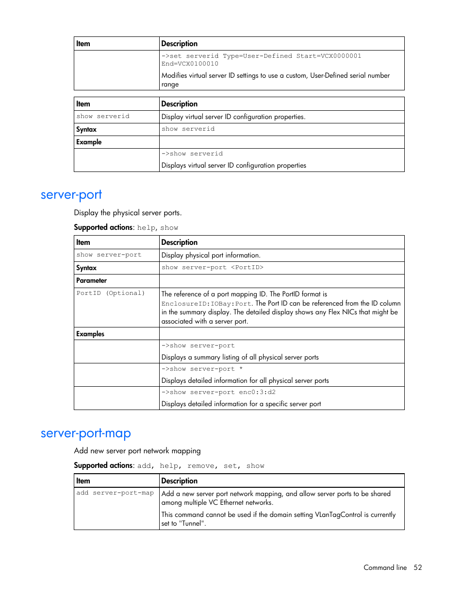 Server-port, Server-port-map | HP Virtual Connect 8Gb 24-port Fibre Channel Module for c-Class BladeSystem User Manual | Page 52 / 93