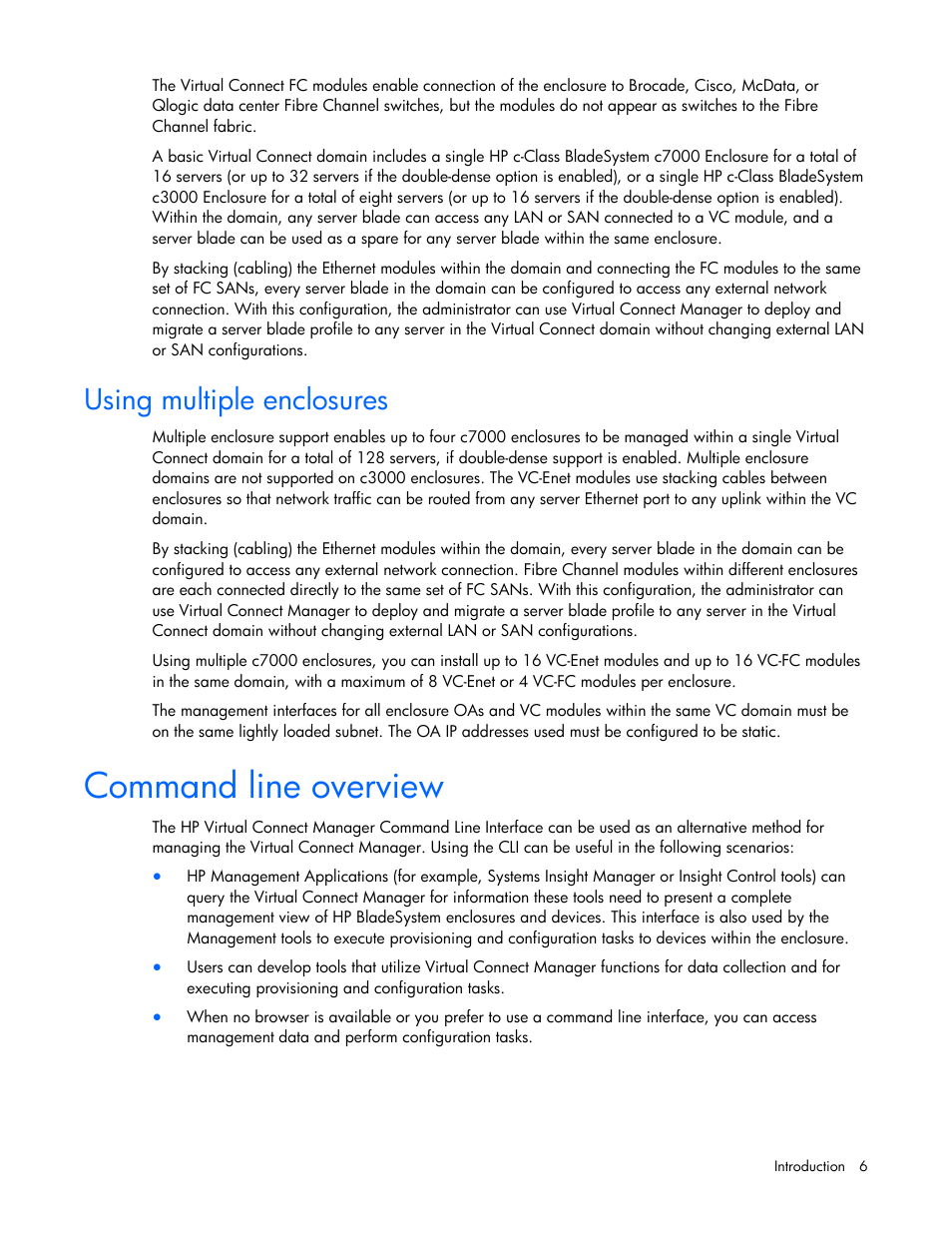 Using multiple enclosures, Command line overview | HP Virtual Connect 8Gb 24-port Fibre Channel Module for c-Class BladeSystem User Manual | Page 6 / 93