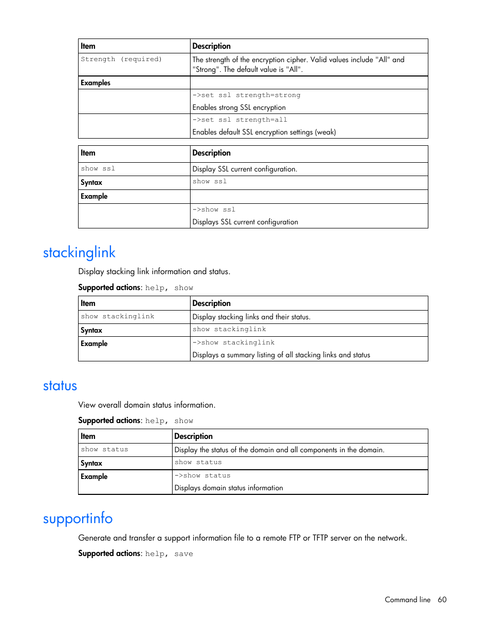 Stackinglink, Status, Supportinfo | HP Virtual Connect 8Gb 24-port Fibre Channel Module for c-Class BladeSystem User Manual | Page 60 / 93