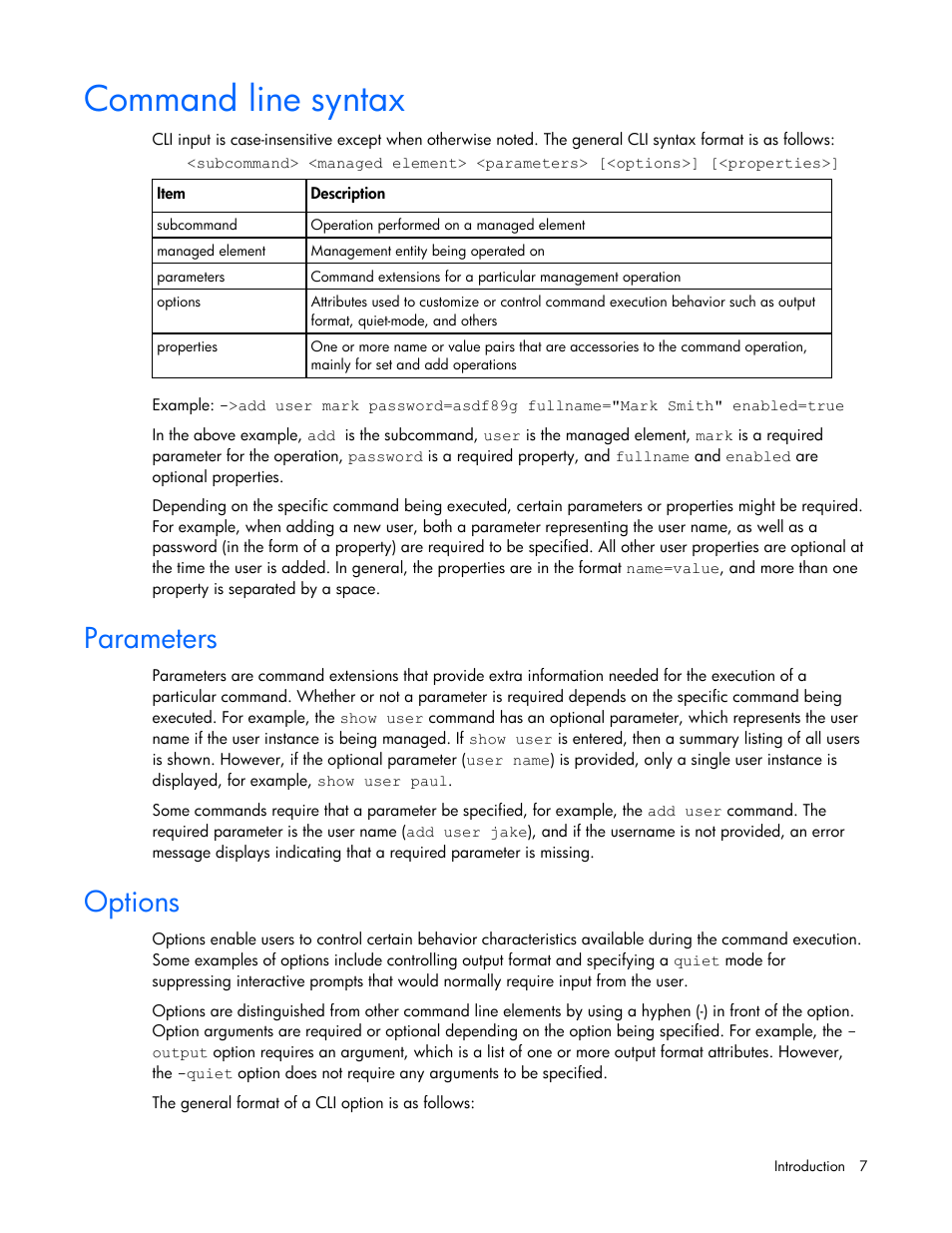 Command line syntax, Parameters, Options | HP Virtual Connect 8Gb 24-port Fibre Channel Module for c-Class BladeSystem User Manual | Page 7 / 93