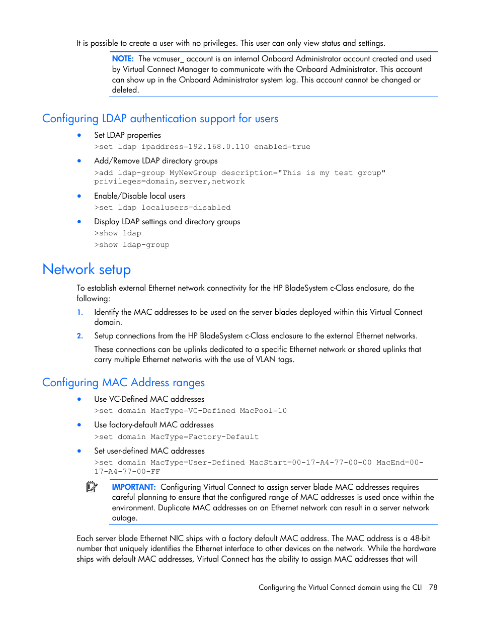 Configuring ldap authentication support for users, Network setup, Configuring mac address ranges | HP Virtual Connect 8Gb 24-port Fibre Channel Module for c-Class BladeSystem User Manual | Page 78 / 93