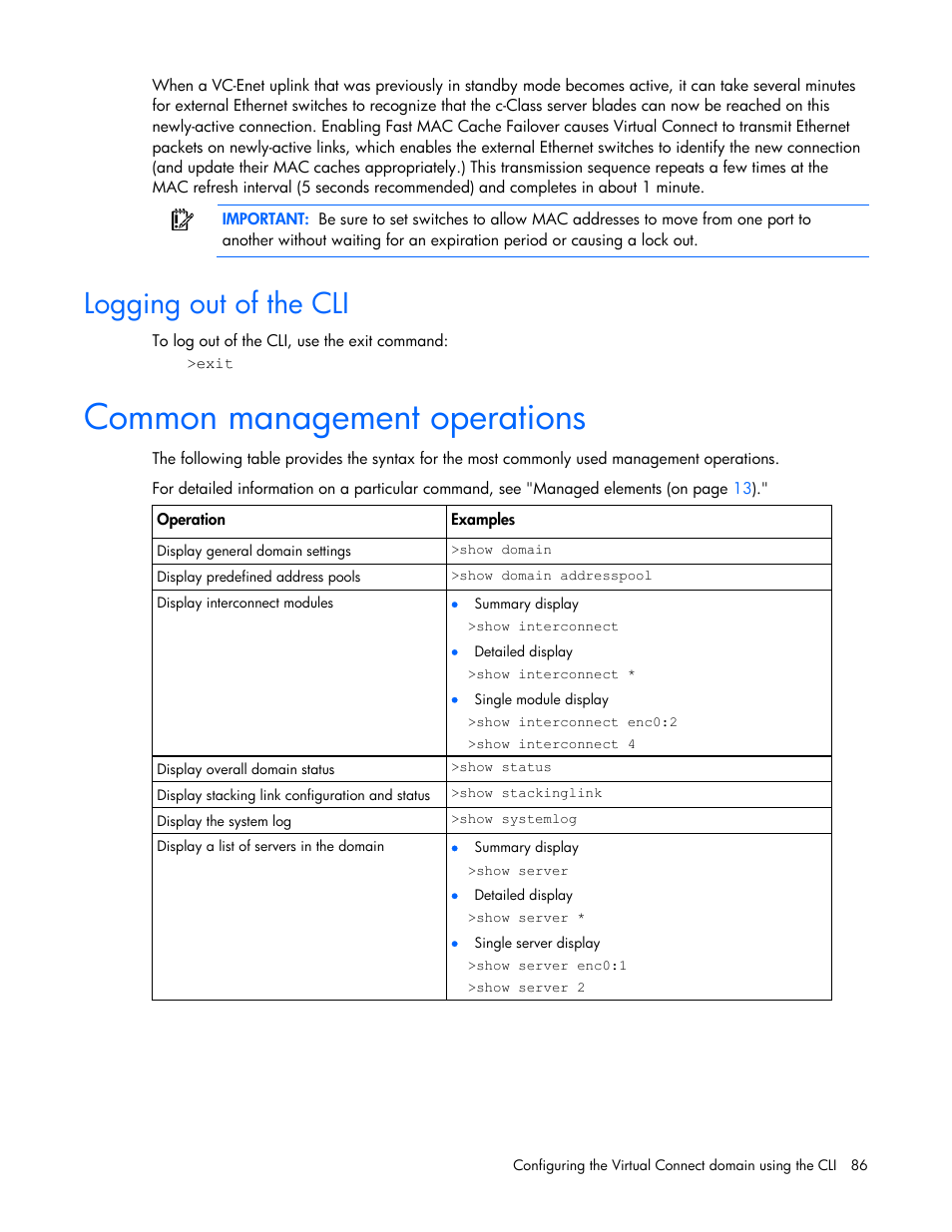 Logging out of the cli, Common management operations | HP Virtual Connect 8Gb 24-port Fibre Channel Module for c-Class BladeSystem User Manual | Page 86 / 93