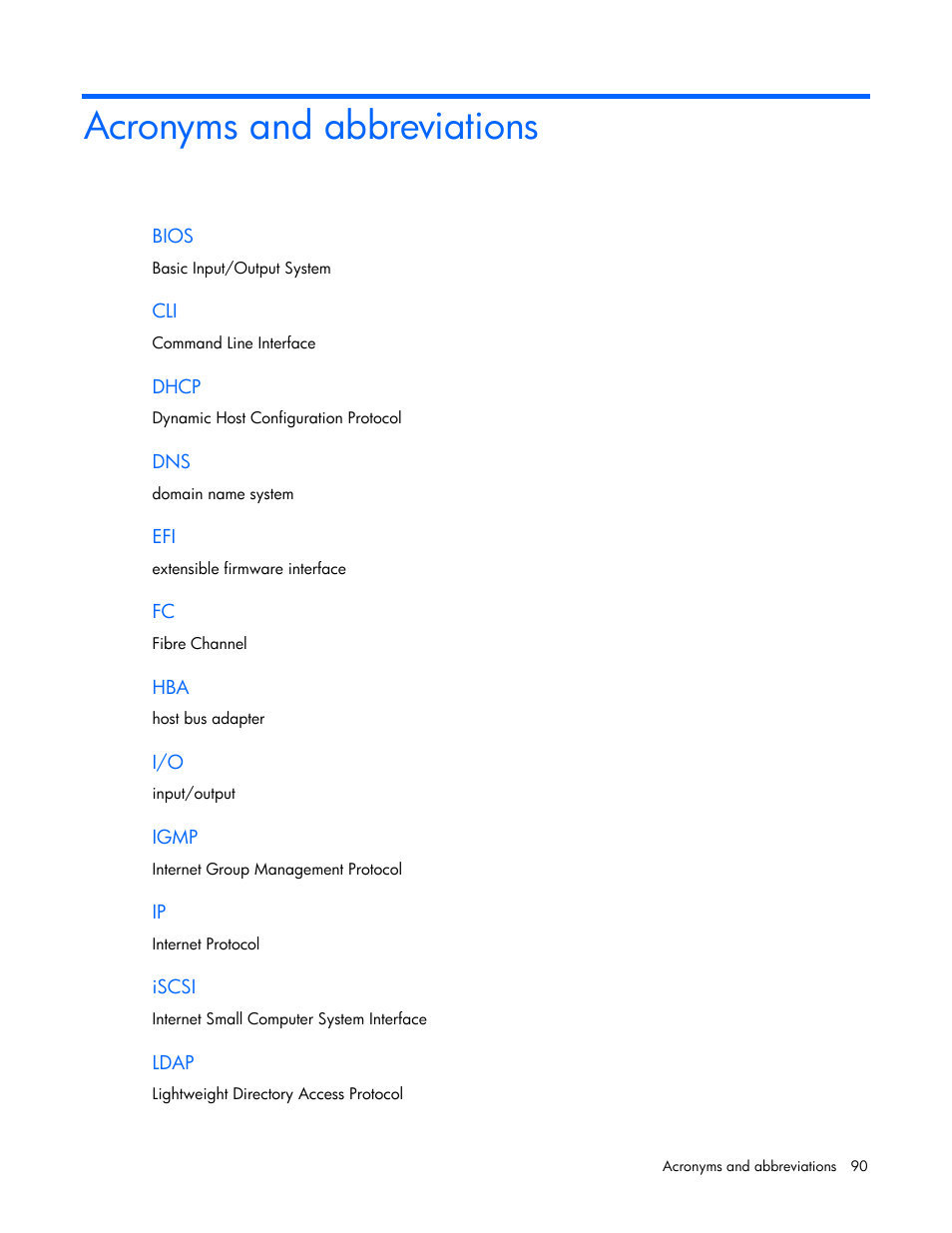 Acronyms and abbreviations | HP Virtual Connect 8Gb 24-port Fibre Channel Module for c-Class BladeSystem User Manual | Page 90 / 93