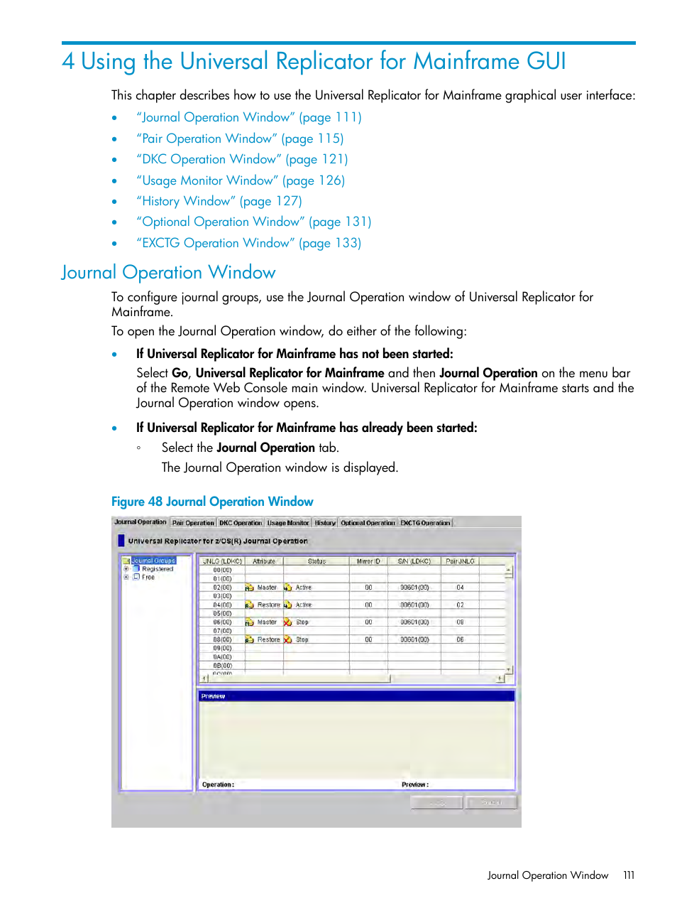 4 using the universal replicator for mainframe gui, Journal operation window | HP StorageWorks XP Remote Web Console Software User Manual | Page 111 / 252