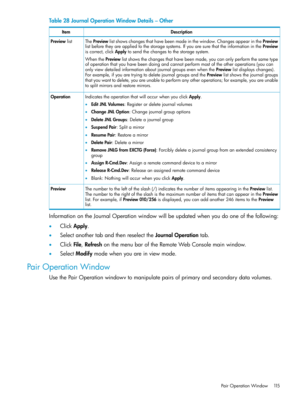 Pair operation window | HP StorageWorks XP Remote Web Console Software User Manual | Page 115 / 252