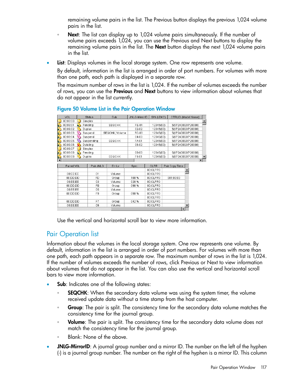 Pair operation list | HP StorageWorks XP Remote Web Console Software User Manual | Page 117 / 252