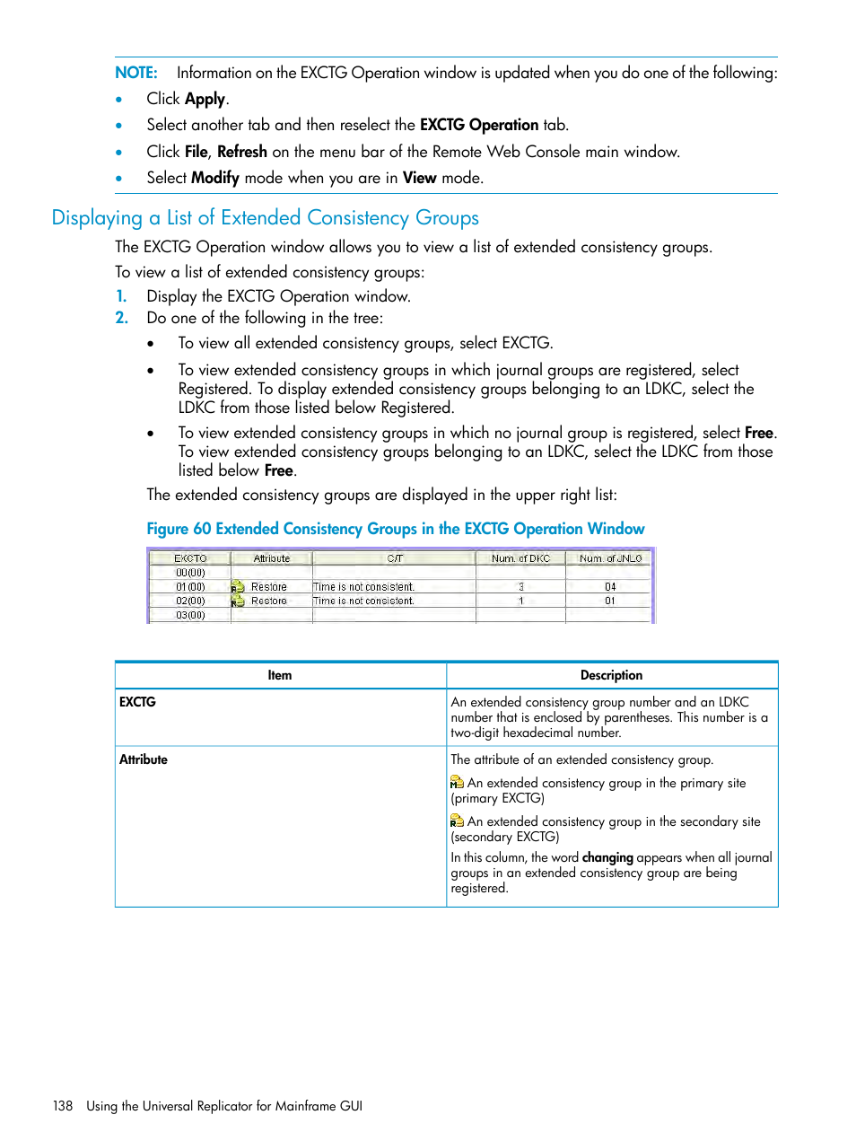 Displaying a list of extended consistency groups | HP StorageWorks XP Remote Web Console Software User Manual | Page 138 / 252