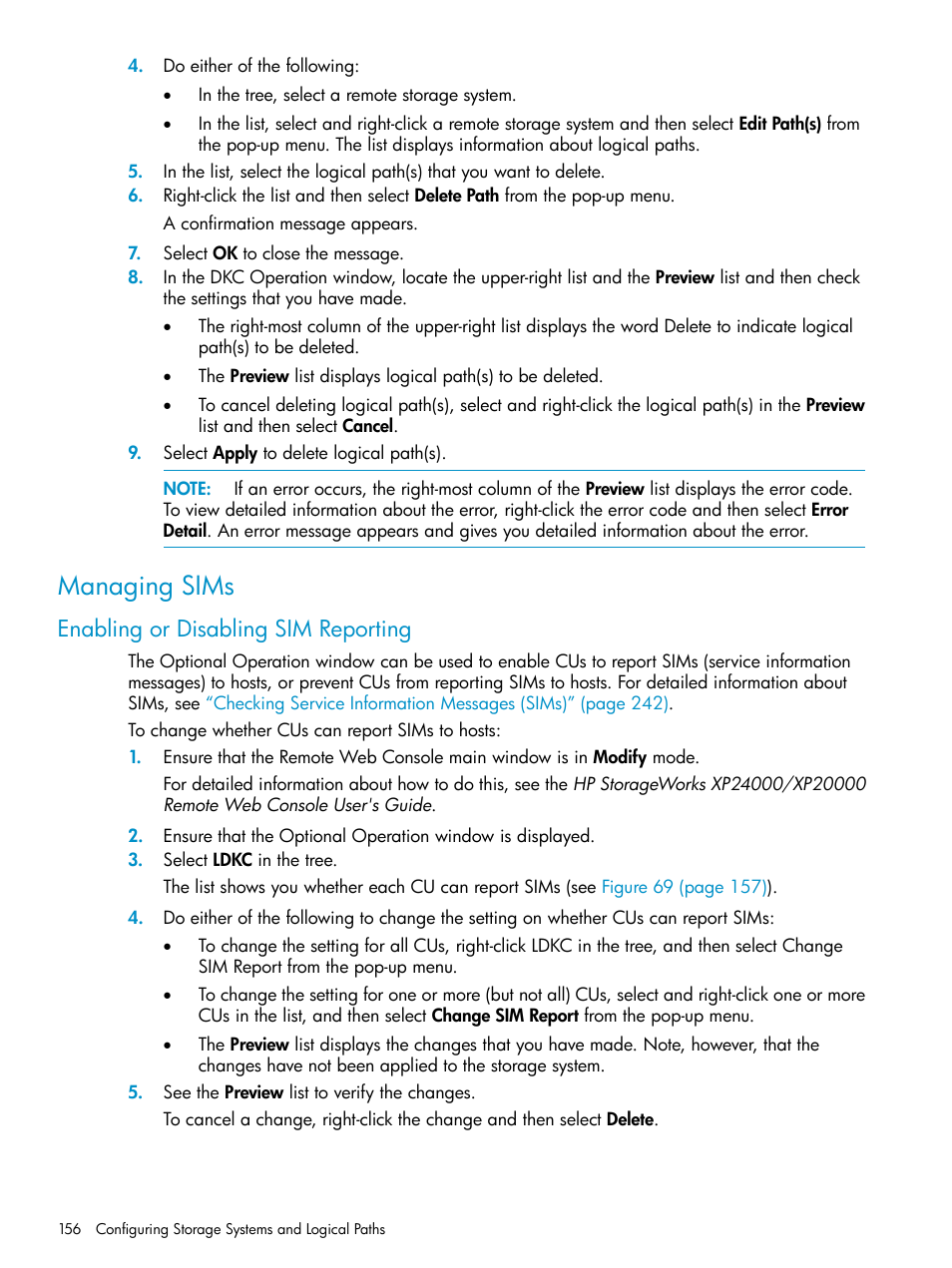 Managing sims, Enabling or disabling sim reporting | HP StorageWorks XP Remote Web Console Software User Manual | Page 156 / 252