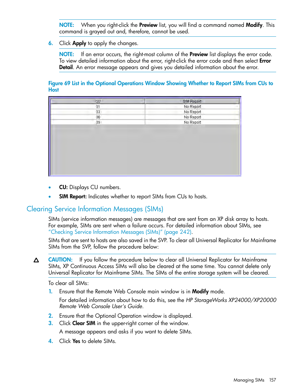 Clearing service information messages (sims) | HP StorageWorks XP Remote Web Console Software User Manual | Page 157 / 252