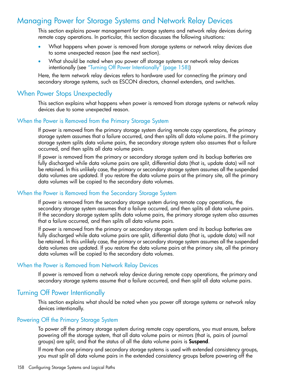 When power stops unexpectedly, Turning off power intentionally, Powering off the primary storage system | HP StorageWorks XP Remote Web Console Software User Manual | Page 158 / 252