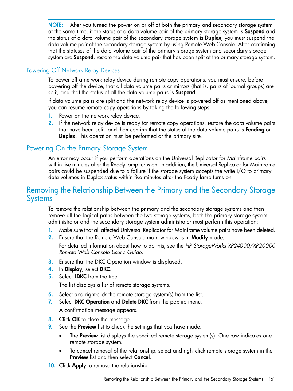 Powering off network relay devices, Powering on the primary storage system | HP StorageWorks XP Remote Web Console Software User Manual | Page 161 / 252